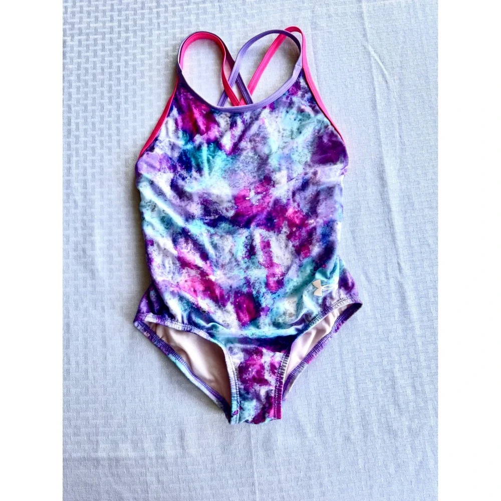 Under Armour Girls One Piece Swimsuit Sz 8 Tie Dye Galaxy‎ Racerback Purple Blue